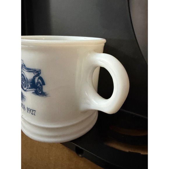 Surrey Milk Glass Coffee Mug 1927 Mercedes Blue Graphic Made in USA - Picture 2 of 6